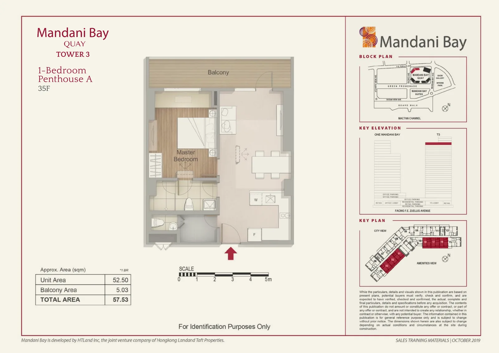 Mandani Bay Quay Tower 3 1-Bedroom Penthouse A floor plan, 57.53 sqm total area, 35F only