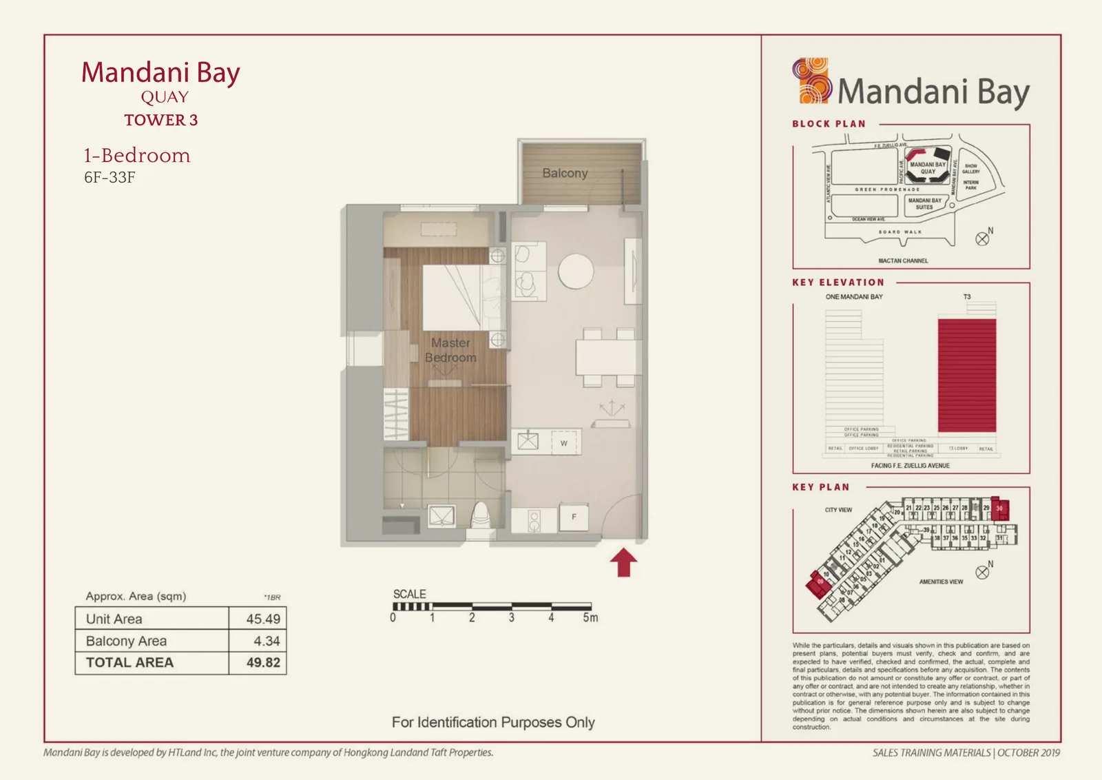Mandani Bay Quay Tower 3 1-Bedroom floor plan, 49.82 sqm total area, 6F–33F